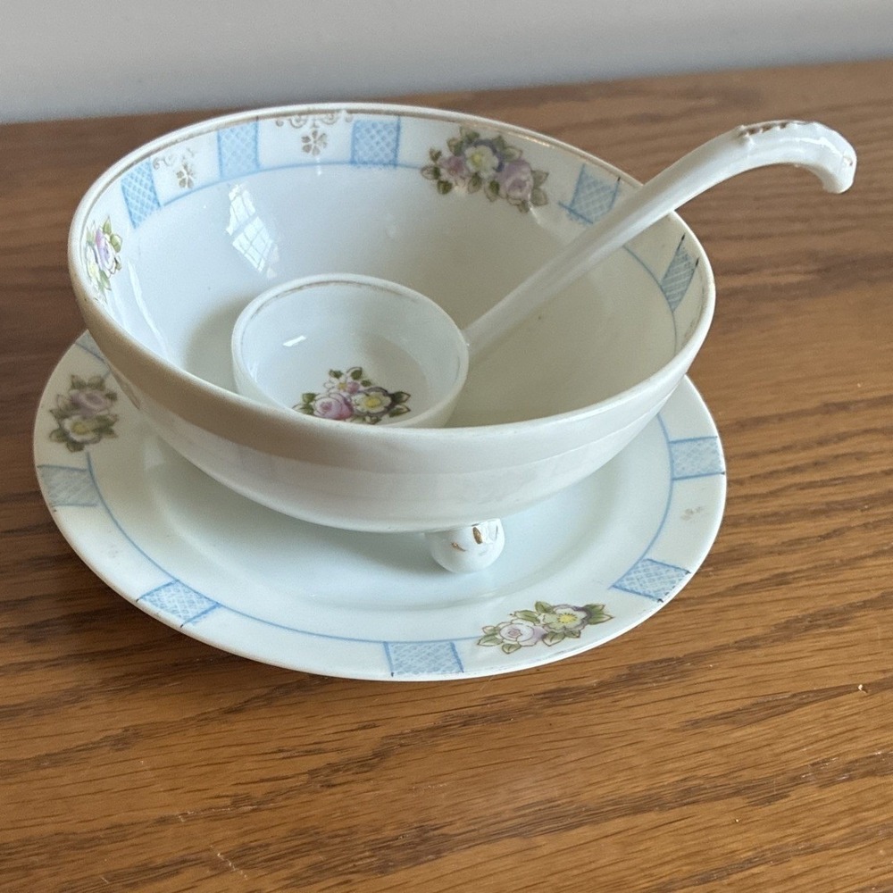 Vintage Hand Painted Nippon Three Footed Sauce Bowl w/Saucer & Ladle Floral